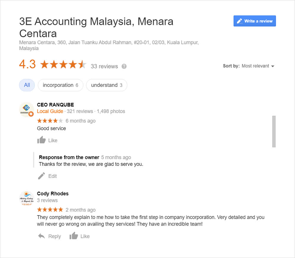 3E Accounting Malaysia Google Business Reviews
