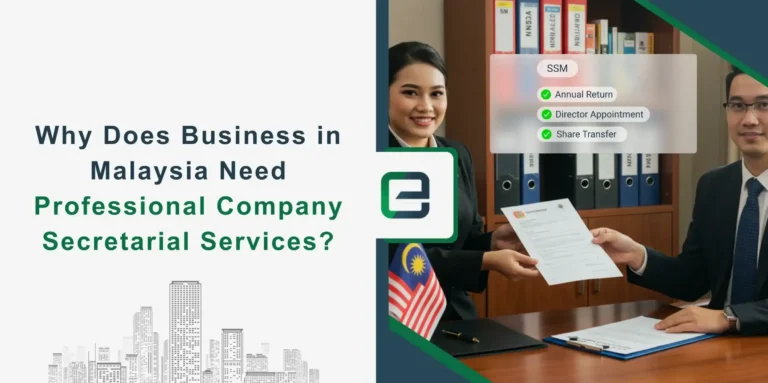 Why Businesses in Malaysia Need Professional Company Secretarial Services Two professionals exchanging documents in an office with Malaysian flag and company folders in background.