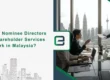 Business professional discussing nominee director and shareholder agreements in Malaysia office with legal documents and Kuala Lumpur skyline in background