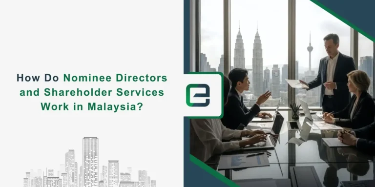 How Do Nominee Directors and Shareholder Services Work in Malaysia Business professional discussing nominee director and shareholder agreements in Malaysia office with legal documents and Kuala Lumpur skyline in background