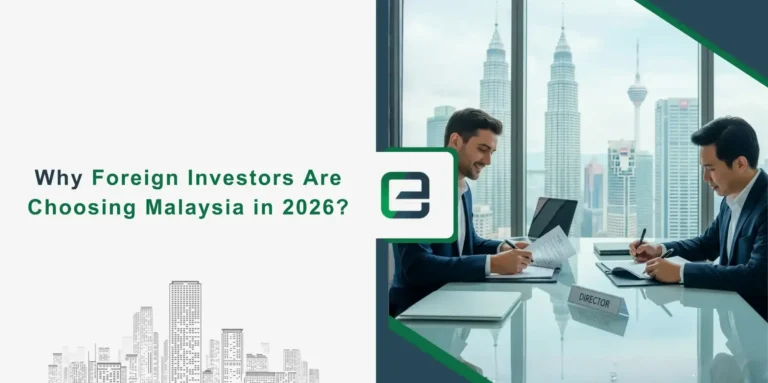 Why Foreign Investors Are Choosing Malaysia in 2026 Foreign investor evaluating Malaysia’s 2026 investment opportunities with laptop, financial reports, and Kuala Lumpur skyline in background