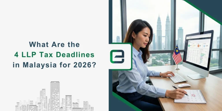 Professional woman reviewing LLP tax deadlines on a computer in a modern office, with Malaysian flag and Kuala Lumpur skyline, illustrating Malaysia LLP tax compliance.