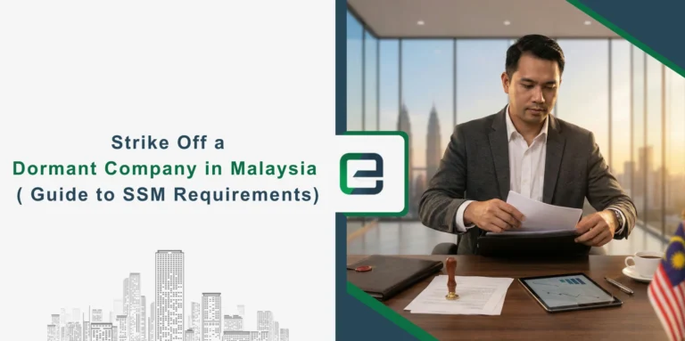 Strike Off a Dormant Company in Malaysia (2026 Guide to SSM Requirements) Corporate professional reviewing statutory documents against the Kuala Lumpur skyline, representing Malaysia SSM strike-off compliance guidance.